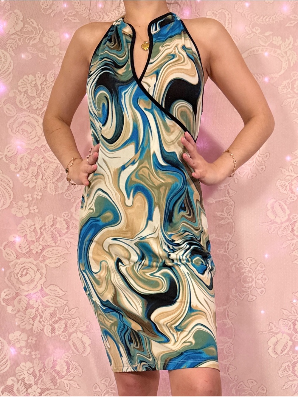Vintage 90s Truelight USA Blue Cream & Brown Abstract Swirl Print Bodycon Dress